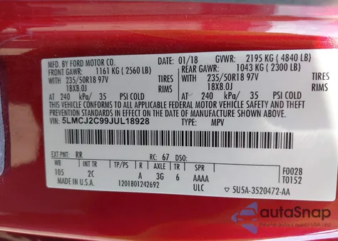 2018 Lincoln Mkc Select из США, поврежденный, VIN 5LMCJ2C99JUL18928